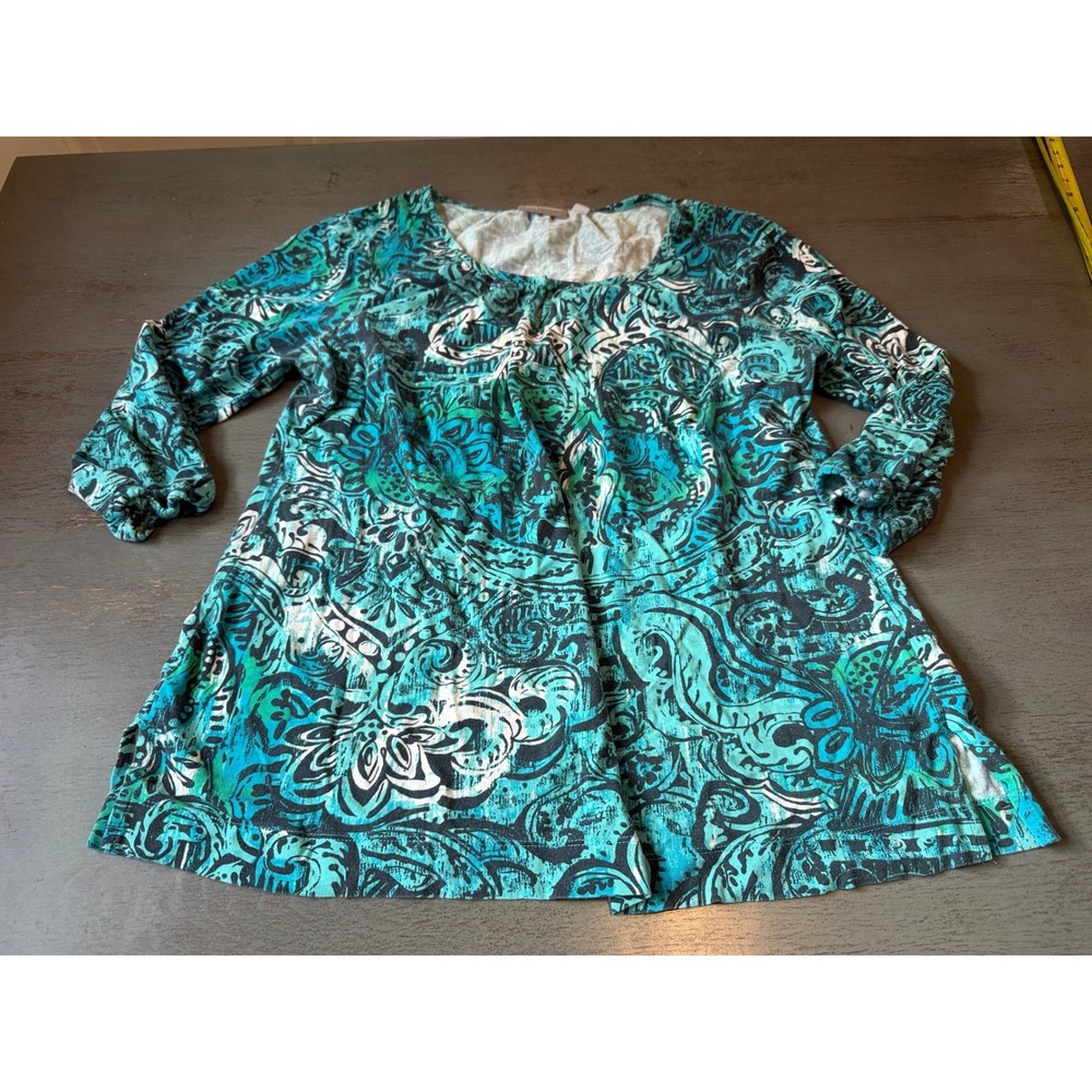 Croft & Barrow Womens XL Teal Blue Paisley Stretch 3/4 Sleeve Scoop Neck Top
